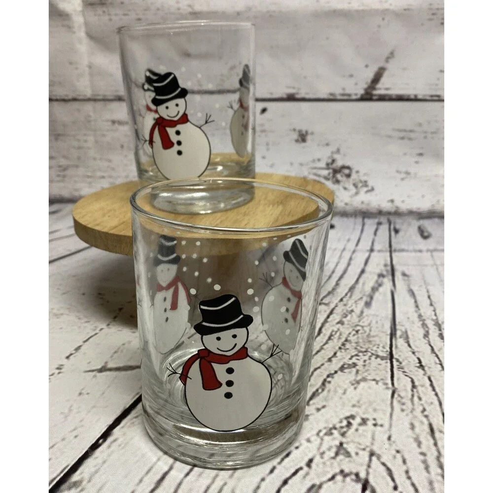Pasabahce Vintage Christmas Snowmen Glasses Lowball Tumblers Bar Set of 2